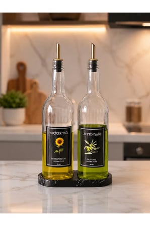 Mermer Desenli Stantlı Gold Kapaklı 2'li Yağ Şişesi 750 ml  Zeytinyağ Sıvıyağ Şişesi Cam Yağdanlık