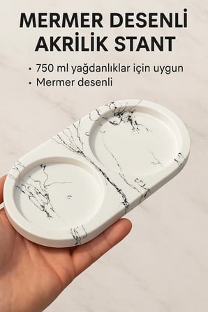 Mermer Desenli Akrilik Standlı 2'li Yağ Şişesi 750 ml Zeytinyağ Sıvıyağ Şişesi Şeffaf Cam Yağdanlık