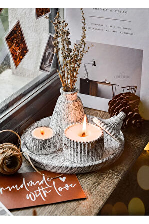 5 Parça Mermer Desen Dekoratif Beton Vazo Ve Vanilya Kokulu Soya Wax Mumluk Takımı