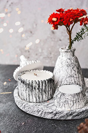 5 Parça Mermer Desen Dekoratif Beton Vazo Ve Vanilya Kokulu Soya Wax Mumluk Takımı