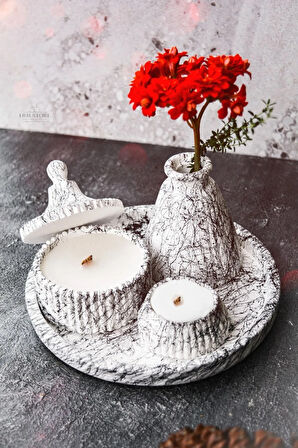 5 Parça Mermer Desen Dekoratif Beton Vazo Ve Vanilya Kokulu Soya Wax Mumluk Takımı