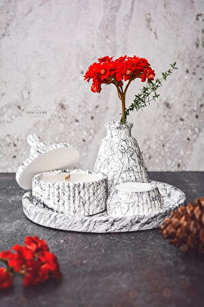 5 Parça Mermer Desen Dekoratif Beton Vazo Ve Vanilya Kokulu Soya Wax Mumluk Takımı