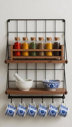 Çift Ahşap Raflı Metal Duvar Rafı 6 Kancalı Mutfak & Banyo Organizer 60*40 cm