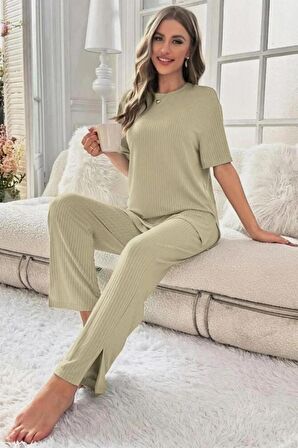 Male Viskon Mint Yeşili Yırtmaç Detaylı Pijama Takımı