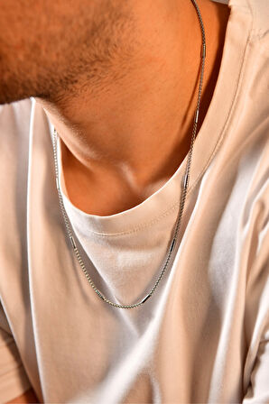 İç İçe Geçmiş Dikdörtgen Model Boru Detaylı Erkek Çelik Zincir Kolye 1mm