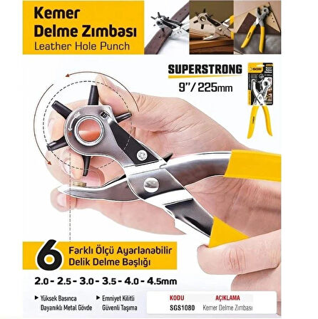 SGS Kemer Delme Zımbası Delik Açma Pensesi - 6 Delik 2-4.5 mm Arası - 9"/225 mm.