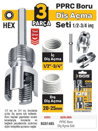 SGS PPRC Boru iç-Dış Diş Açma Matkap Ucu Seti - 20-25 mm-1/2"-3/4"