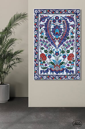 Tekli Dikey Kanvas Tablo, Çini Desenli Dekoratif Kanvas Duvar Tablosu