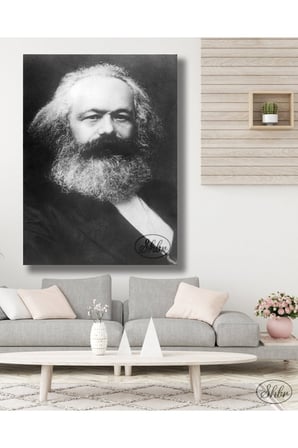 Tekli Dikey Kanvas Tablo, Karl Marx Siyah Beyaz Portre Dekoratif Kanvas Duvar Tablosu