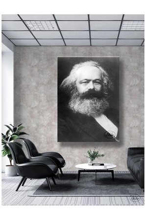 Tekli Dikey Kanvas Tablo, Karl Marx Siyah Beyaz Portre Dekoratif Kanvas Duvar Tablosu