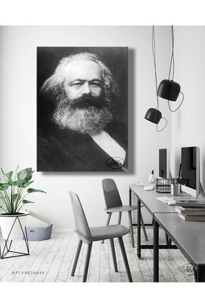 Tekli Dikey Kanvas Tablo, Karl Marx Siyah Beyaz Portre Dekoratif Kanvas Duvar Tablosu