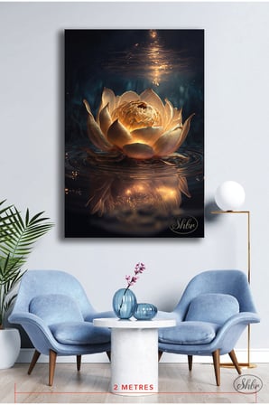 Tekli Dikey Kanvas Tablo, Gold Tasarım, Mehtapta Lotus Çiçeği, Dekoratif Kanvas Duvar Tablosu