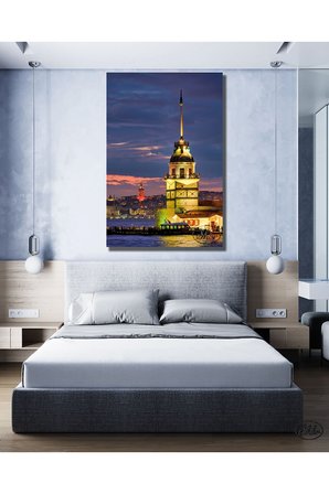 Tekli Dikey Kanvas Tablo, İstanbul, Kızkulesi, Gece Manzarası, Dekoratif Kanvas Duvar Tablosu