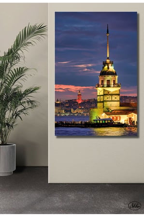 Tekli Dikey Kanvas Tablo, İstanbul, Kızkulesi, Gece Manzarası, Dekoratif Kanvas Duvar Tablosu