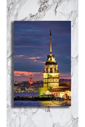 Tekli Dikey Kanvas Tablo, İstanbul, Kızkulesi, Gece Manzarası, Dekoratif Kanvas Duvar Tablosu