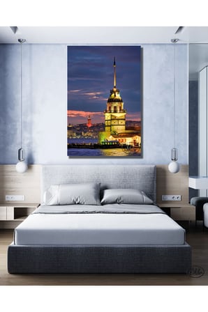 Tekli Dikey Kanvas Tablo, İstanbul, Kızkulesi, Gece Manzarası, Dekoratif Kanvas Duvar Tablosu
