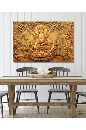 Tekli Yatay Kanvas Tablo, Buda, Meditasyon, Yoga, Yaşam Ağacı, Dekoratif Kanvas Duvar Tablosu