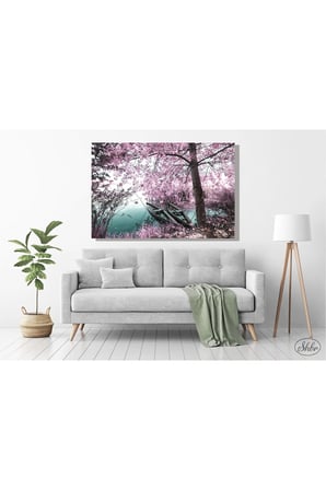 Tekli Yatay Kanvas Dekoratif Duvar Tablosu, Göl Manzaralı Sakura Ağacı