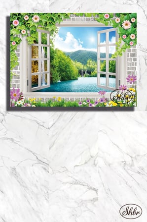 Tekli, Yatay, Kanvas, Dekoratif, Duvar, Tablosu , Çiçekli Pencere, Göl Manzarası, Doğa,