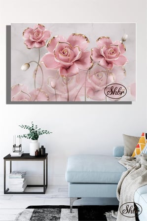 Tekli, Yatay, Kanvas, Dekoratif, Duvar, Tablosu , Pembe Gold Detaylı 3D Güller,