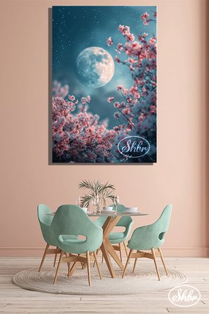 Tekli, Dikey, Kanvas, Dekoratif, Duvar, Tablosu , Dolunay, Gece, Pembe Çiçekli Ağaç,