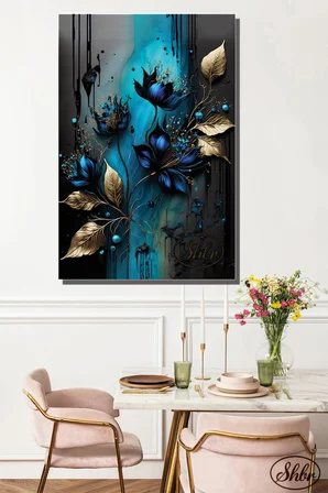 Tekli, Dikey, Kanvas, Dekoratif, Duvar, Tablosu , Gold Yapraklı Lacivert Çiçekler, 3D İllüstrasyon,
