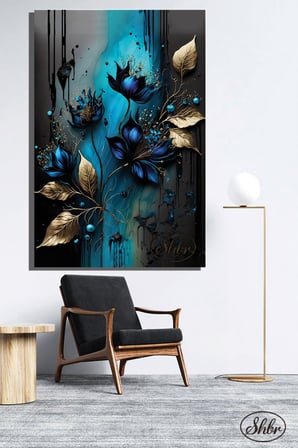 Tekli, Dikey, Kanvas, Dekoratif, Duvar, Tablosu , Gold Yapraklı Lacivert Çiçekler, 3D İllüstrasyon,