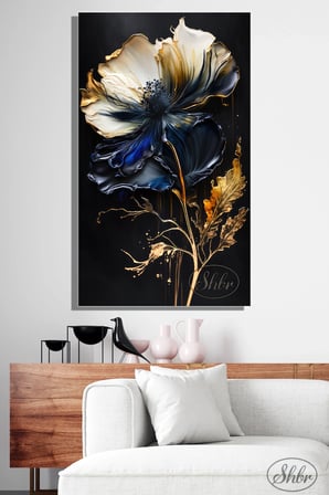 Tekli, Dikey, Kanvas, Dekoratif, Duvar, Tablosu , Gold Yapraklı Lacivert, Beyaz, Çiçek, 3D,