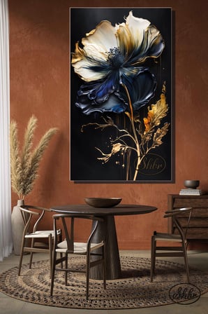 Tekli, Dikey, Kanvas, Dekoratif, Duvar, Tablosu , Gold Yapraklı Lacivert, Beyaz, Çiçek, 3D,
