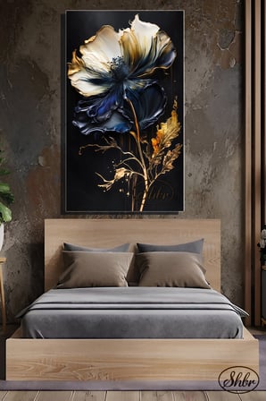 Tekli, Dikey, Kanvas, Dekoratif, Duvar, Tablosu , Gold Yapraklı Lacivert, Beyaz, Çiçek, 3D,