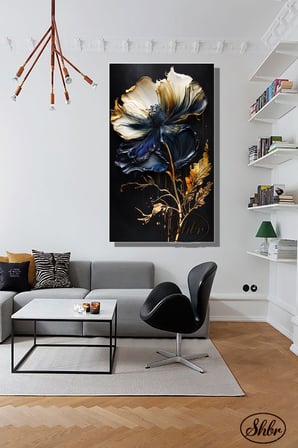 Tekli, Dikey, Kanvas, Dekoratif, Duvar, Tablosu , Gold Yapraklı Lacivert, Beyaz, Çiçek, 3D,