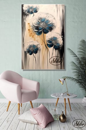 Tekli, Dikey, Kanvas, Dekoratif, Duvar, Tablosu , 3D Mavi Beyaz Çiçekler,