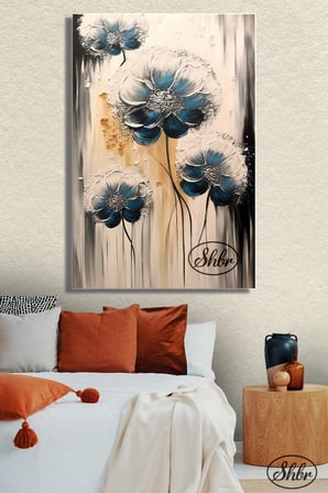 Tekli, Dikey, Kanvas, Dekoratif, Duvar, Tablosu , 3D Mavi Beyaz Çiçekler,