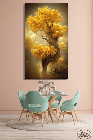 Tekli, Dikey, Kanvas, Dekoratif, Duvar, Tablosu , Sonbahar, Gün Doğumu, Sarı Çiçekli Ağaç,