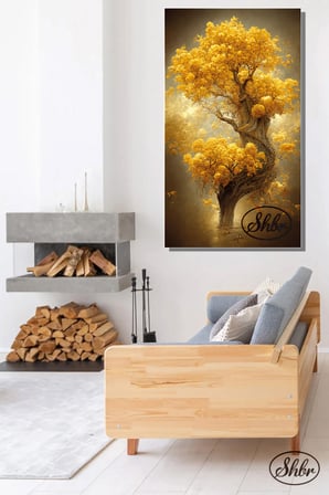 Tekli, Dikey, Kanvas, Dekoratif, Duvar, Tablosu , Sonbahar, Gün Doğumu, Sarı Çiçekli Ağaç,