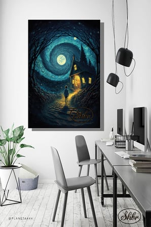 Tekli, Dikey, Kanvas, Dekoratif, Duvar, Tablosu , Dolunay, Gece, Sokakta Evin Önünde Çocuk,