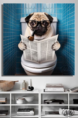 Tekli, Kare, Kanvas, Dekoratif, Duvar, Tablosu , Pug, Tuvalette Gazete Okuyan Köpek,