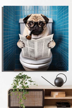 Tekli, Kare, Kanvas, Dekoratif, Duvar, Tablosu , Pug, Tuvalette Gazete Okuyan Köpek,