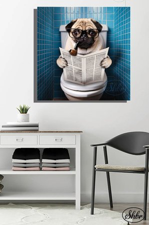 Tekli, Kare, Kanvas, Dekoratif, Duvar, Tablosu , Pug, Tuvalette Gazete Okuyan Köpek,