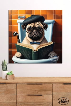 Tekli Kare Kanvas Dekoratif Duvar Tablosu , Pug, Tuvalette Kitap Okuyan Köpek,