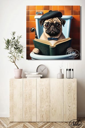 Tekli Kare Kanvas Dekoratif Duvar Tablosu , Pug, Tuvalette Kitap Okuyan Köpek,