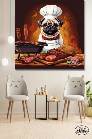 Tekli Kare Kanvas Dekoratif Duvar Tablosu , Mangal Yapan Köpek, Pug,