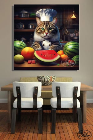 Tekli Kare Kanvas Dekoratif Duvar Tablosu , Aşçı Kedi, Karpuz Kesen Kedi,