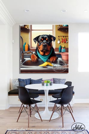 Tekli Kare Kanvas Dekoratif Duvar Tablosu , Bulaşık Yıkayan Köpek, Rotweiller,
