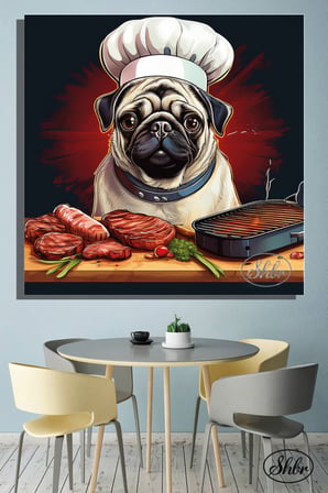 Tekli Kare Kanvas Dekoratif Duvar Tablosu , Ahçı Izgara Yapan Köpek, Pug,