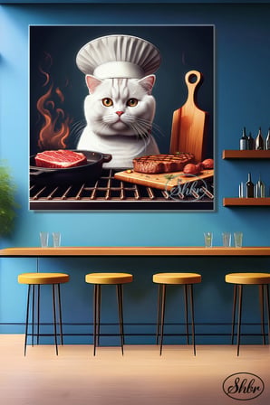 Tekli Kare Kanvas Dekoratif Duvar Tablosu , Aşçı Izgara Yapan Kedi,