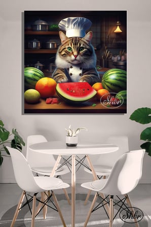 Tekli Kare Kanvas Dekoratif Duvar Tablosu , Aşçı Kedi, Karpuz Kesen Kedi,