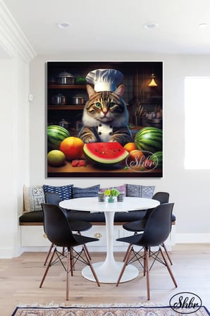 Tekli Kare Kanvas Dekoratif Duvar Tablosu , Aşçı Kedi, Karpuz Kesen Kedi,