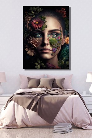 Tekli Dikey Kanvas Dekoratif Duvar Tablosu Çiçekli Kız Portre Moda İllüstrasyon