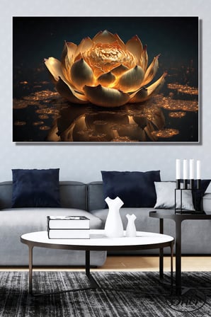 Tekli Yatay Kanvas Dekoratif Salon Yatak Odası Mutfak Ofis Duvar Tablosu 3D Altın Lotus Çiçeği